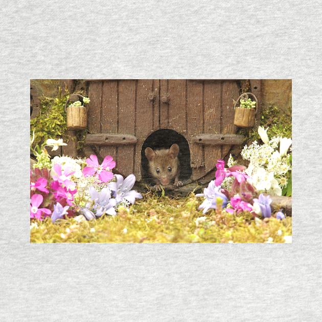 George the mouse in a log pile House spring flowers at the door by Simon-dell